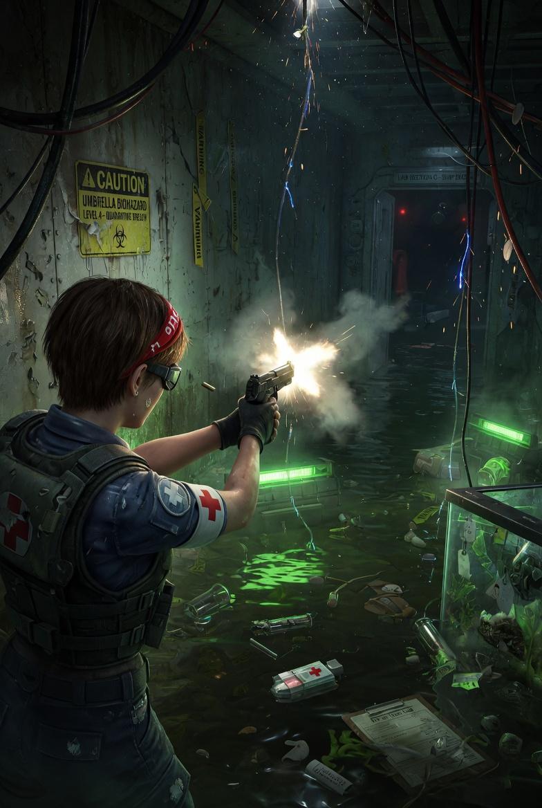 over the shoulder view of Rebecca Chambers firing a handgun, young female medic