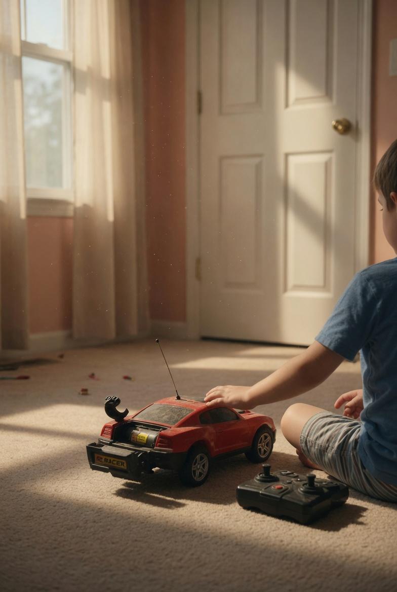 The remote control car left on the floor, the first child sits alone beside it,