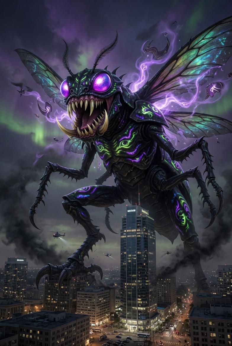 full body shot of giant 10,000 feet tall animal hybrid creature with, black shin