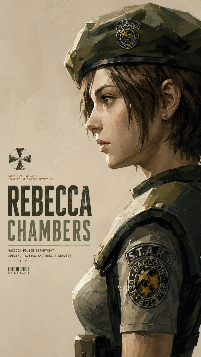 Rebecca Chambers from Resident Evil, rendered in an Kubo tite-style thick paint
