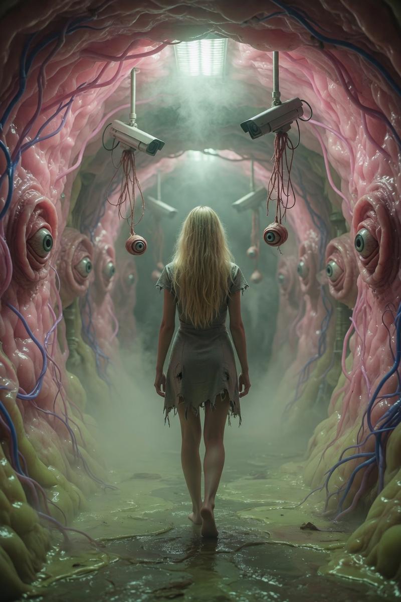A dystopian cyber-organic corridor inspired by 1984, year 2084, soft pastel ligh