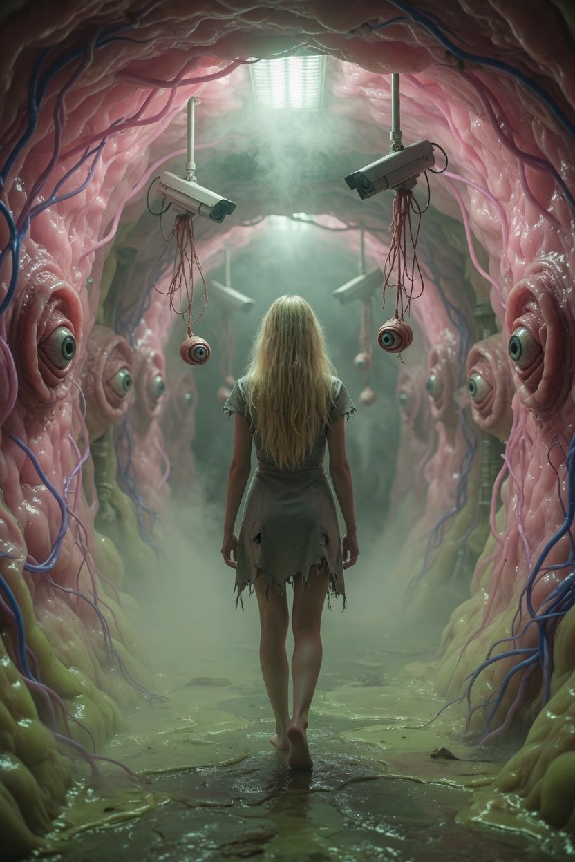 A dystopian cyber-organic corridor inspired by 1984, year 2084, soft pastel ligh