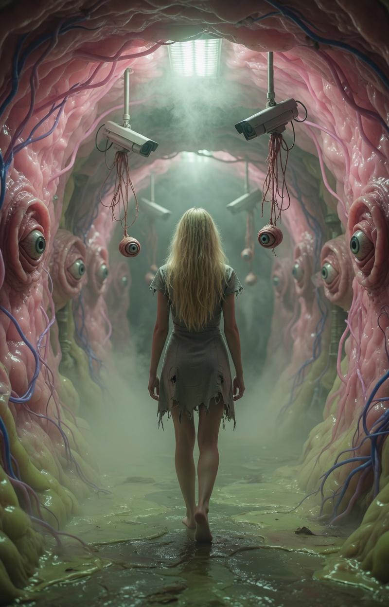 A dystopian cyber-organic corridor inspired by 1984, year 2084, soft pastel ligh