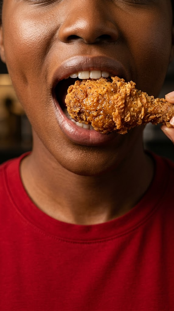An ultra-realistic, extreme close-up of an ebony woman’s lower face, focusing on