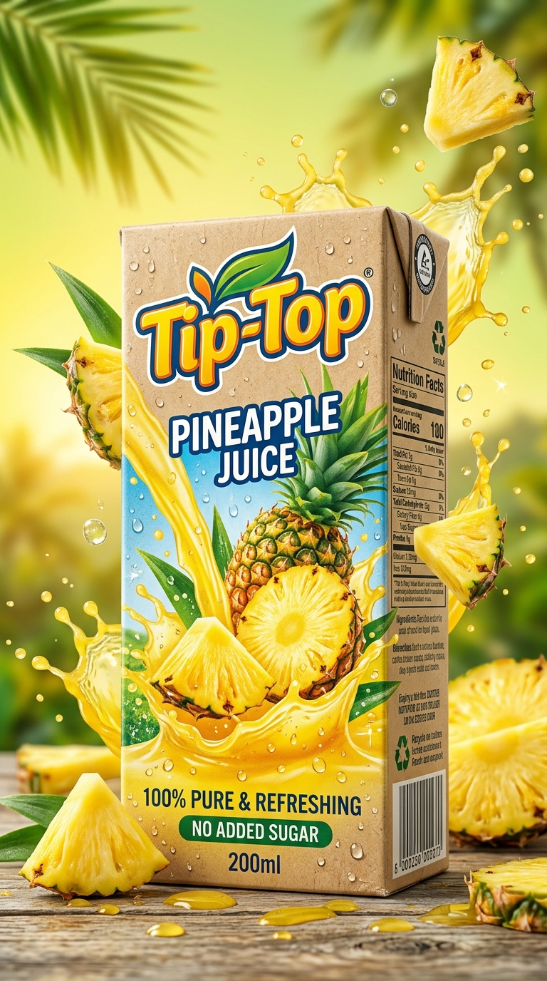 A mock-up of a branded "Tip-Top" juice box featuring a pineapple juice image wit
