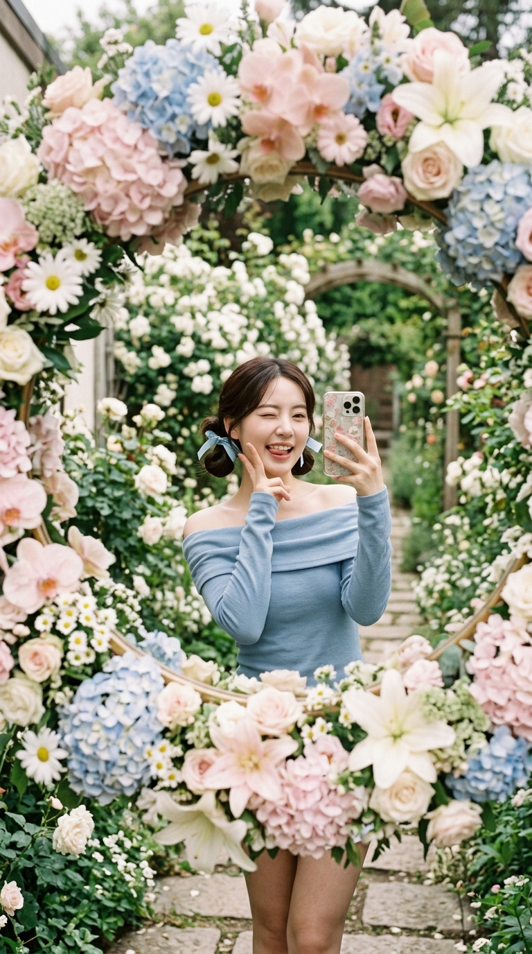 A cute young woman taking a mirror selfie outdoors, framed by a decorative circu