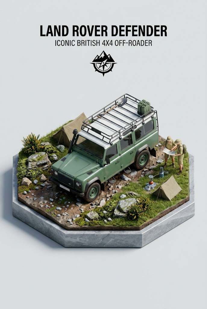 Present a clear, 45° top-down isometric miniature 3D diorama of the iconic vehic