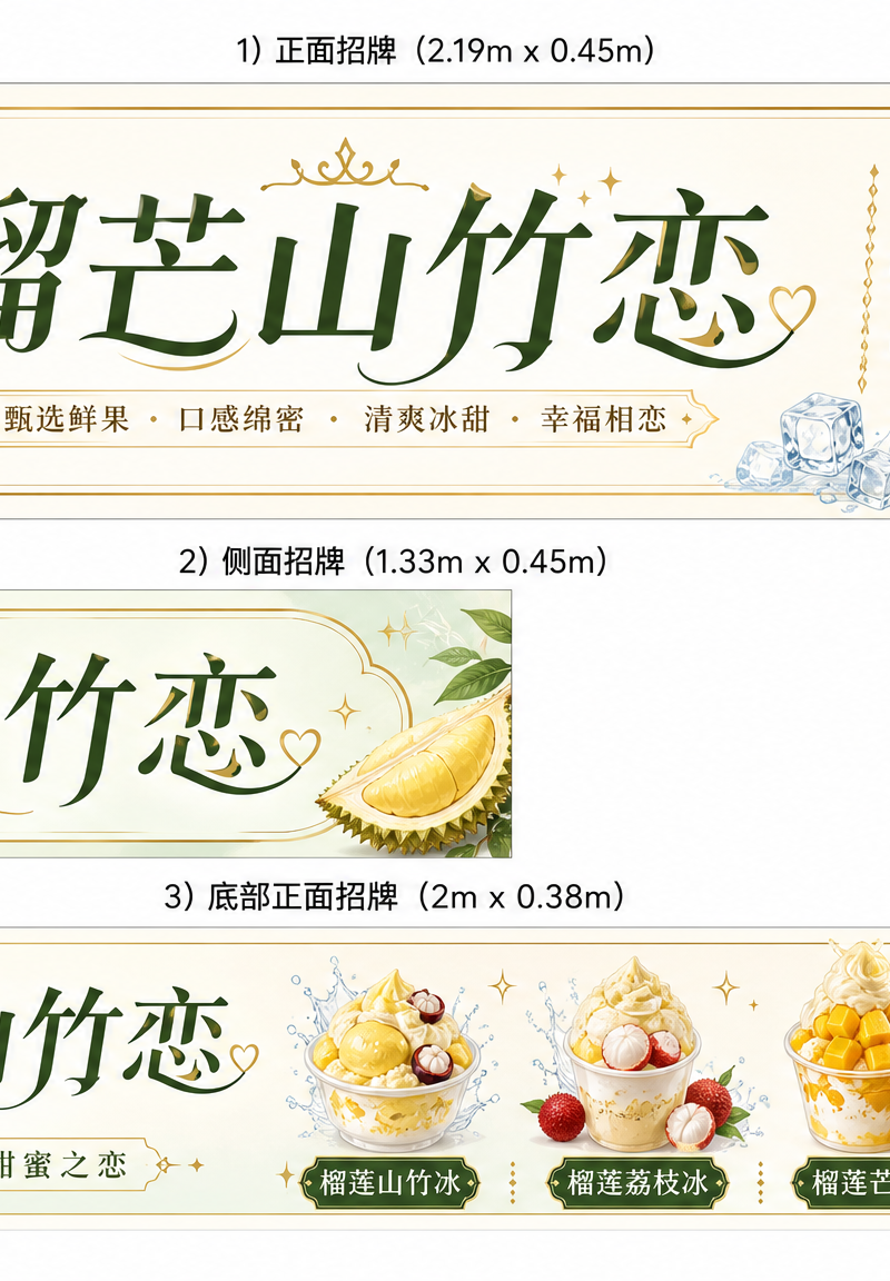 设计一个灯箱招牌,是一个夜市的冰饮小吃车。 产品稍微有点贵,所以画面需要顾客看起来要与价格匹配。因为是夜晚出摊,不要神色底,要浅色底。不要效果图,不要模拟夜晚牌
