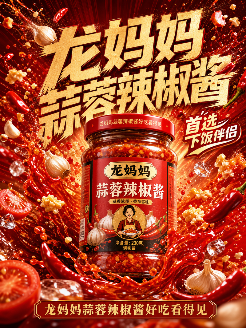 品牌名：【龙妈妈蒜蓉辣椒酱】 产品名：【龙妈妈蒜蓉辣椒酱】 产品类型：【调味品】 主水果：【主水果】 辅助水果：【番茄，大蒜，辣椒】 主色调：【红色】 辅助色：