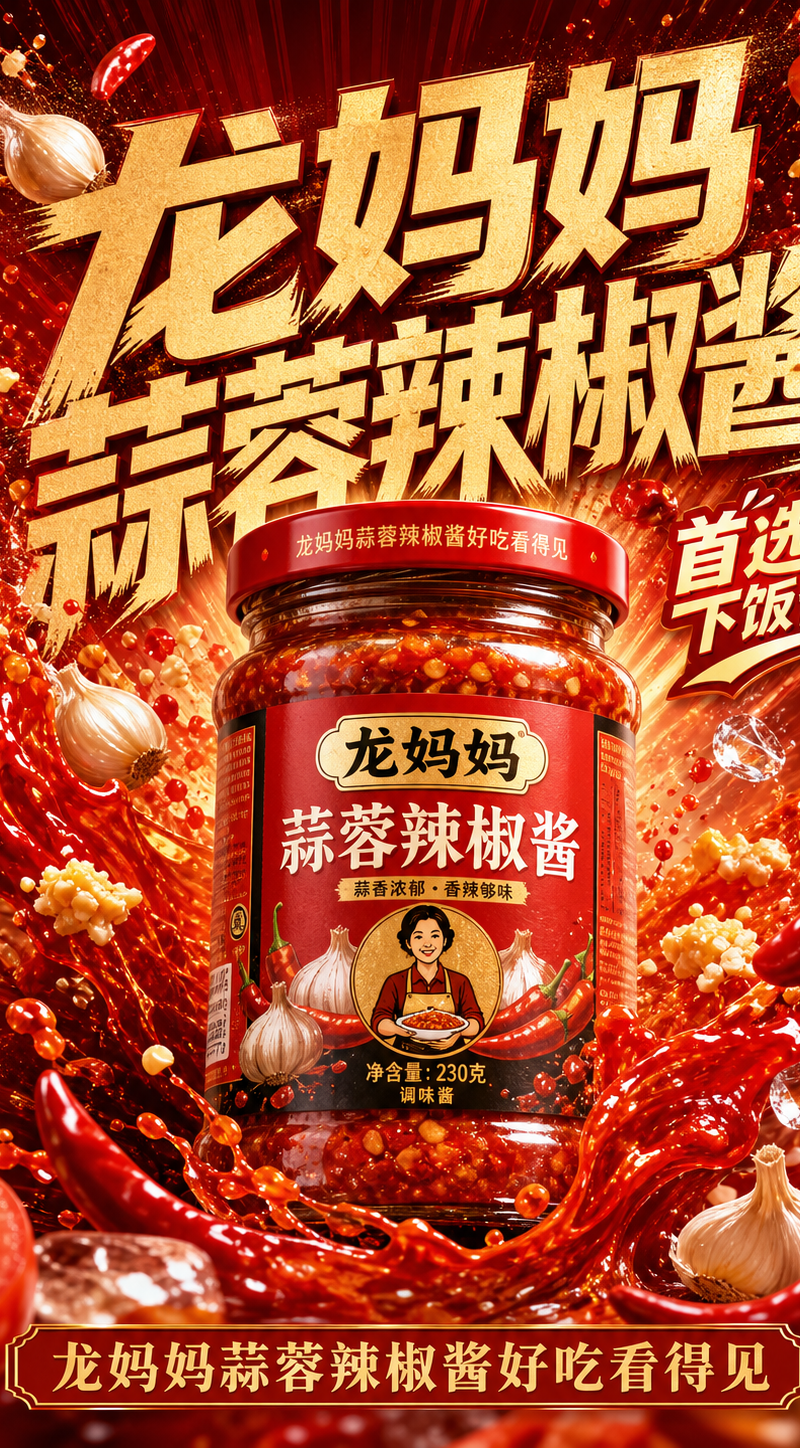 品牌名:【龙妈妈蒜蓉辣椒酱】 产品名:【龙妈妈蒜蓉辣椒酱】 产品类型:【调味品】 主水果:【主水果】 辅助水果:【番茄,大蒜,辣椒】 主色调:【红色】 辅助色: