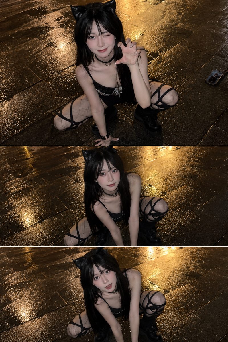 A young adult woman crouches on rain-wet city stone pavement at night, photograp