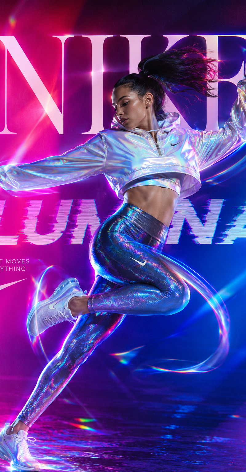 A dynamic fashion advertisement for Nike showing a hyper-realistic model mid-twi