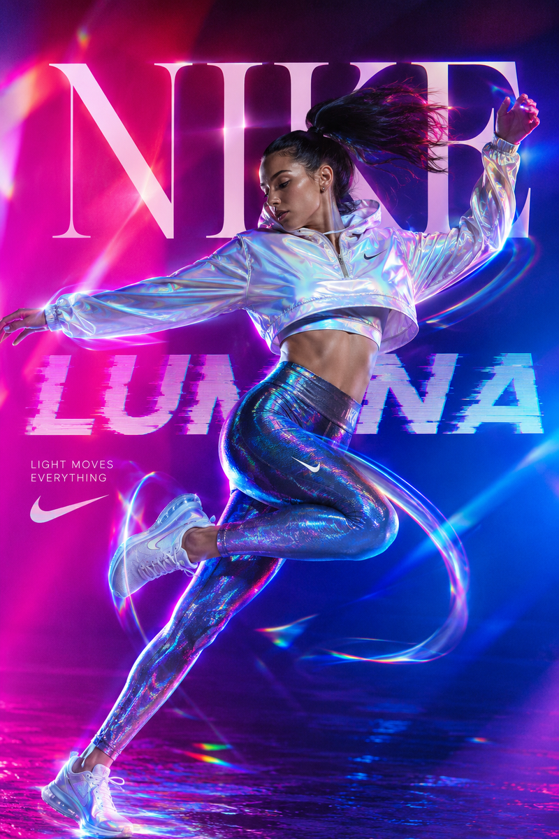 A dynamic fashion advertisement for Nike showing a hyper-realistic model mid-twi