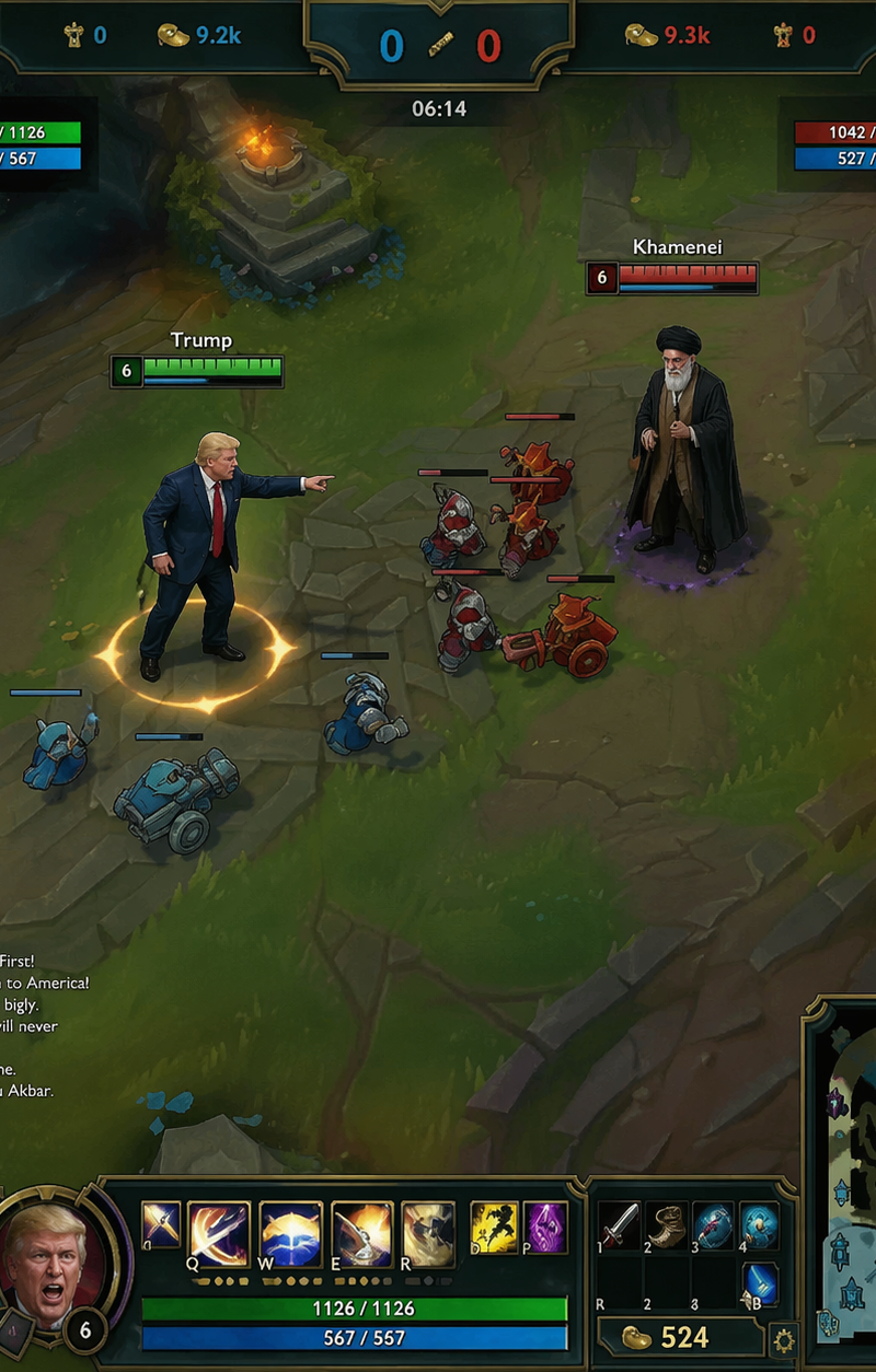 Help me generate a screenshot of Trump versus Khamenei in the mid lane in League