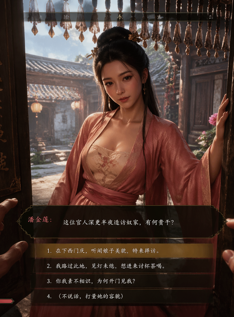 帮我生成一张长宽比为16:9 的《金瓶梅》3D ARPG 3A 游戏的男性角色第一视角游戏截图,同时需要有对应的对话和选择 UI,能表现一部分剧情,比如西门庆和