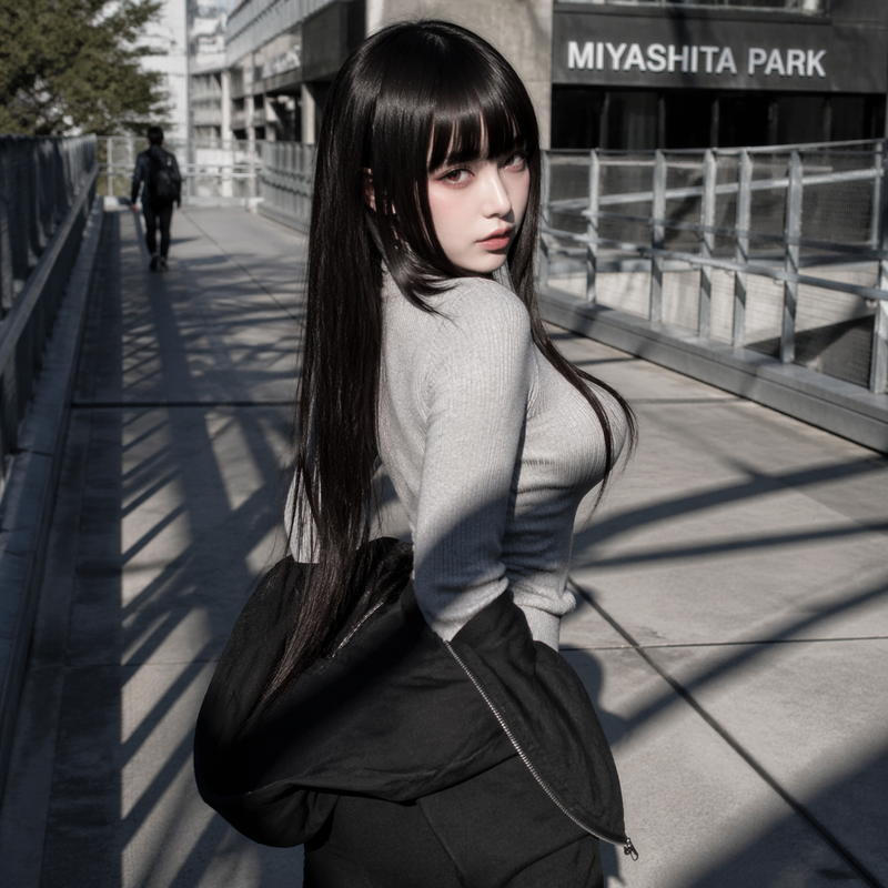 { "subject": { "description": "Young woman, highly stylized doll-like urban aest