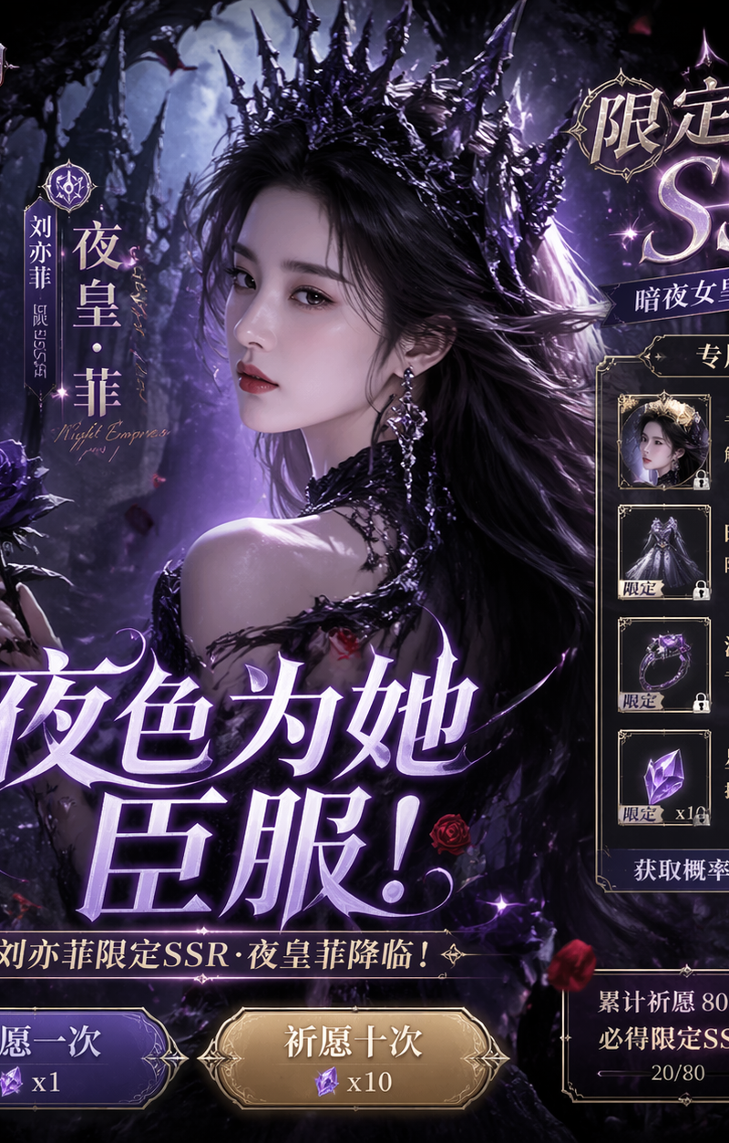 画一幅乙女向暗黑幻想手游Banner,(刘亦菲)是限定SSR,带夸张标题、按钮、特典UI。9:16