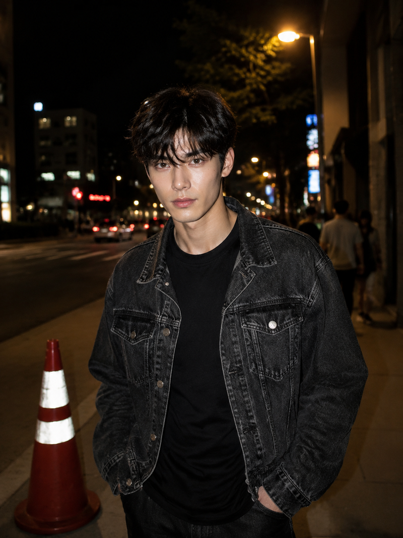 Night street portrait of a handsome young man wearing a dark denim jacket and bl