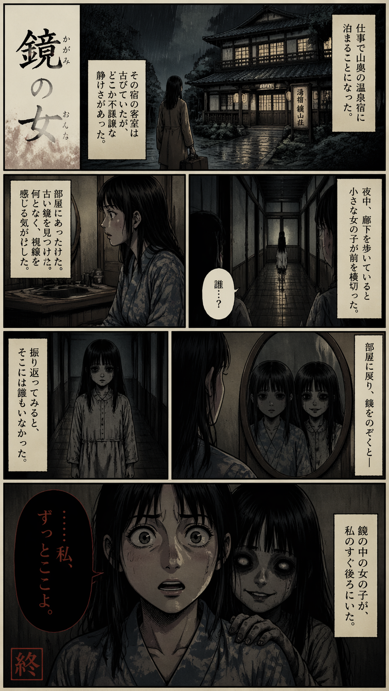 A single page of comics presents a Japanese-style horror story