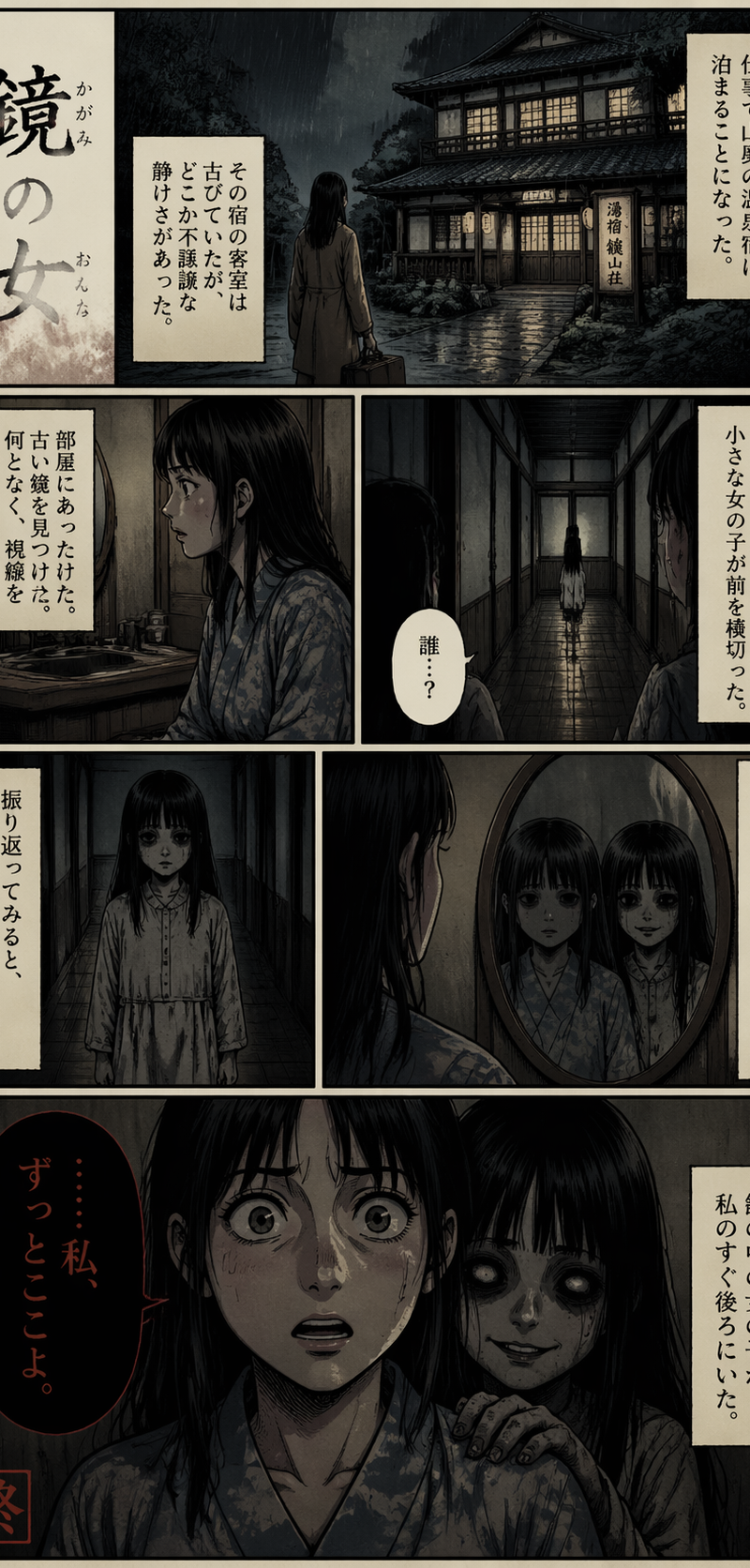 A single page of comics presents a Japanese-style horror story
