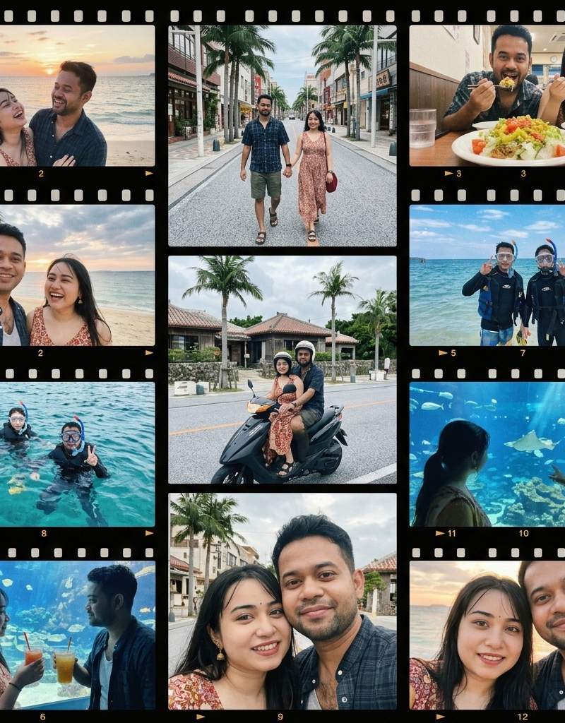 日本人の若い男女が沖縄旅行中にスマホで何気なく撮影した、エモーショナルな写真。12枚をコラージュ。 思い出の中の1枚のような、色あせたシネマティックな質感。 映