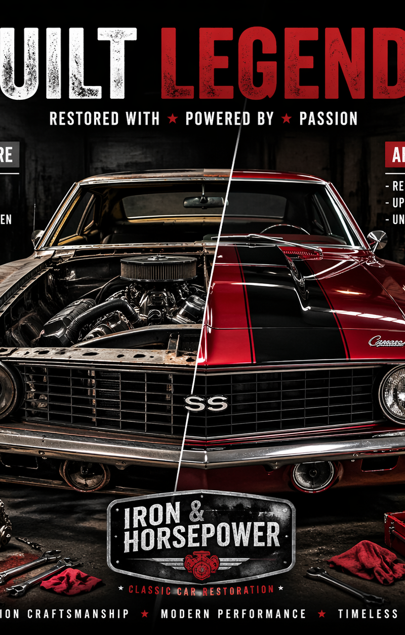 Generate a commercial poster in American garage and muscle car restoration style