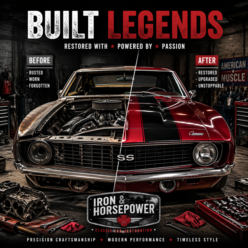 Generate a commercial poster in American garage and muscle car restoration style