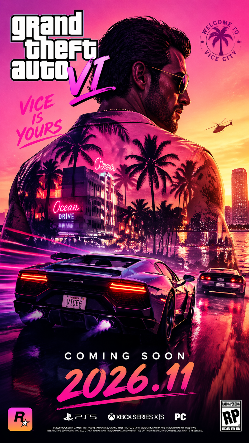 Generate a commercial poster for "GTA 6" style open-world action game, iconic Mi