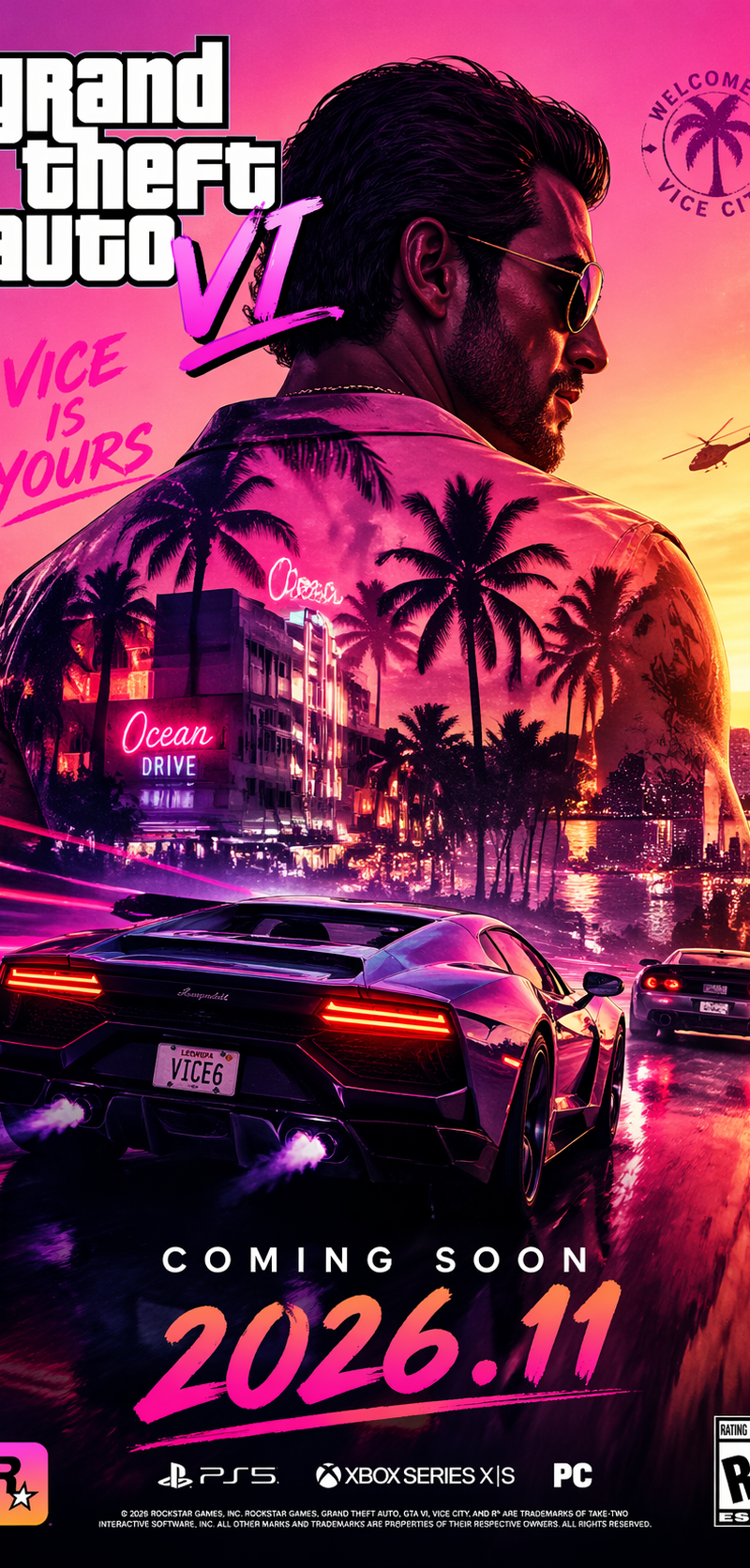 Generate a commercial poster for "GTA 6" style open-world action game, iconic Mi