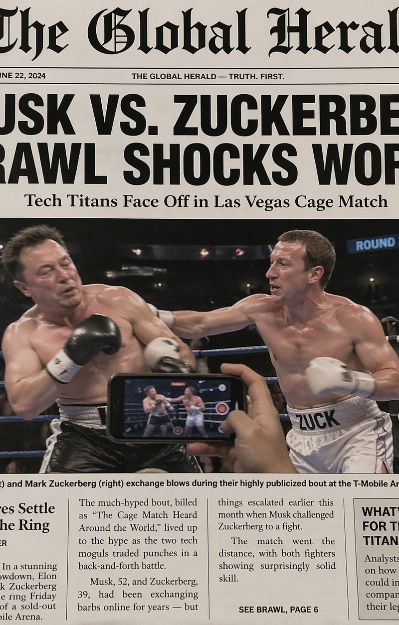 Create a front-page newspaper featuring Musk and Zuckerberg fighting in a boxing