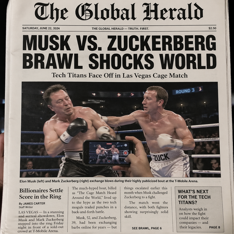 Create a front-page newspaper featuring Musk and Zuckerberg fighting in a boxing