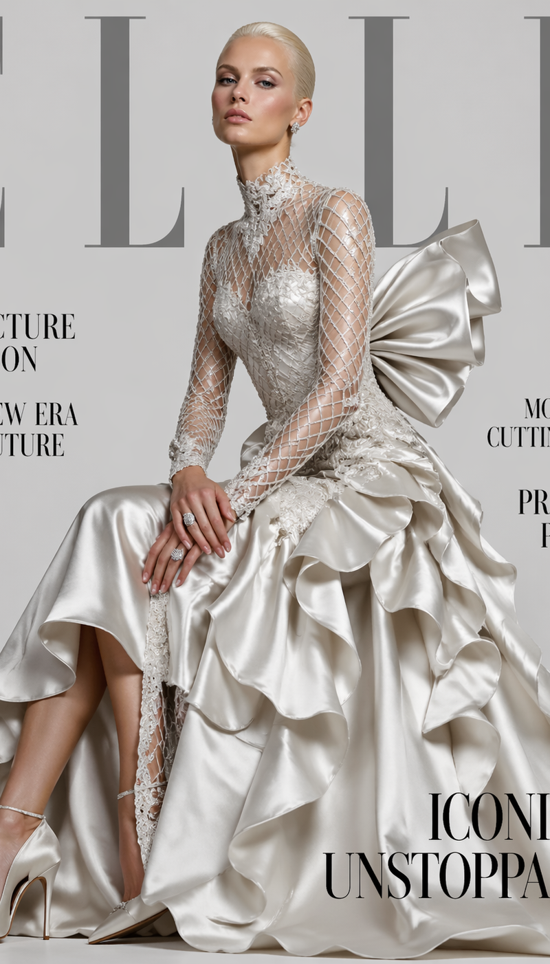 A sophisticated, high-fashion magazine cover titled 'ELLE' at the top in large, 