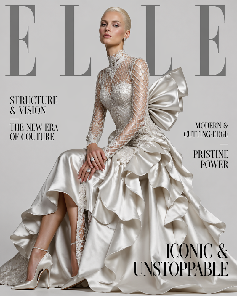 A sophisticated, high-fashion magazine cover titled 'ELLE' at the top in large,