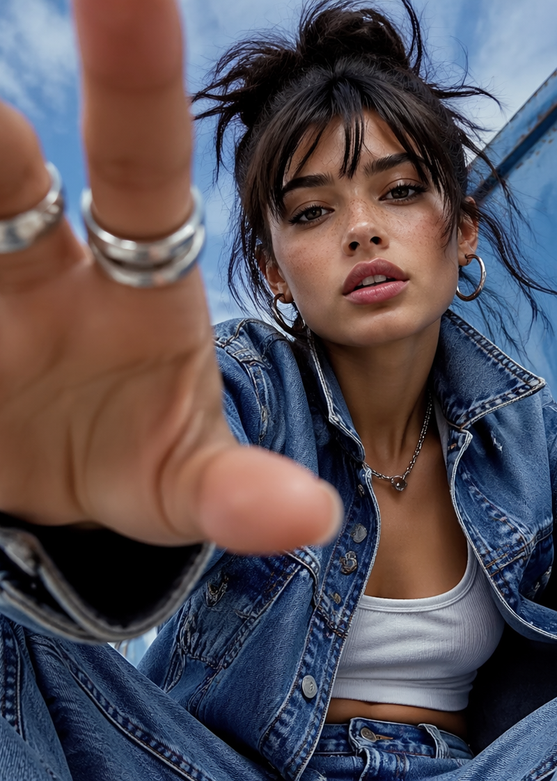 A dynamic wide-angle fashion portrait of a young woman in denim, reaching toward