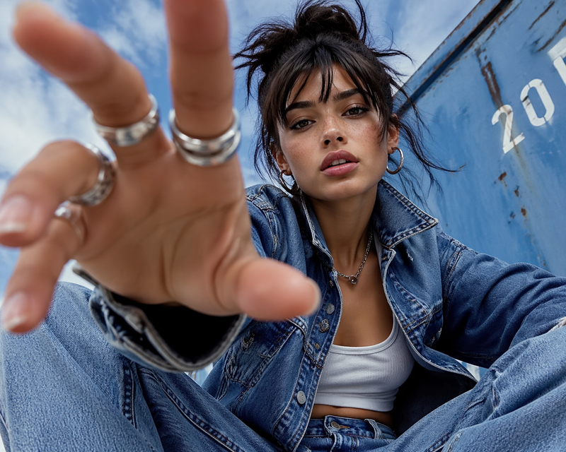 A dynamic wide-angle fashion portrait of a young woman in denim, reaching toward