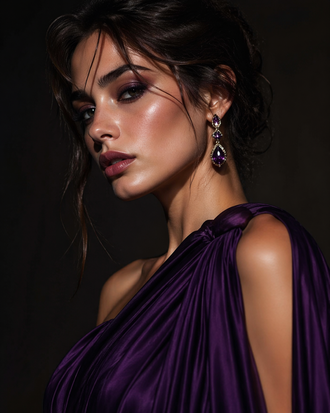 Close-up fashion portrait of a model in a deep purple, draped gown, featuring dr