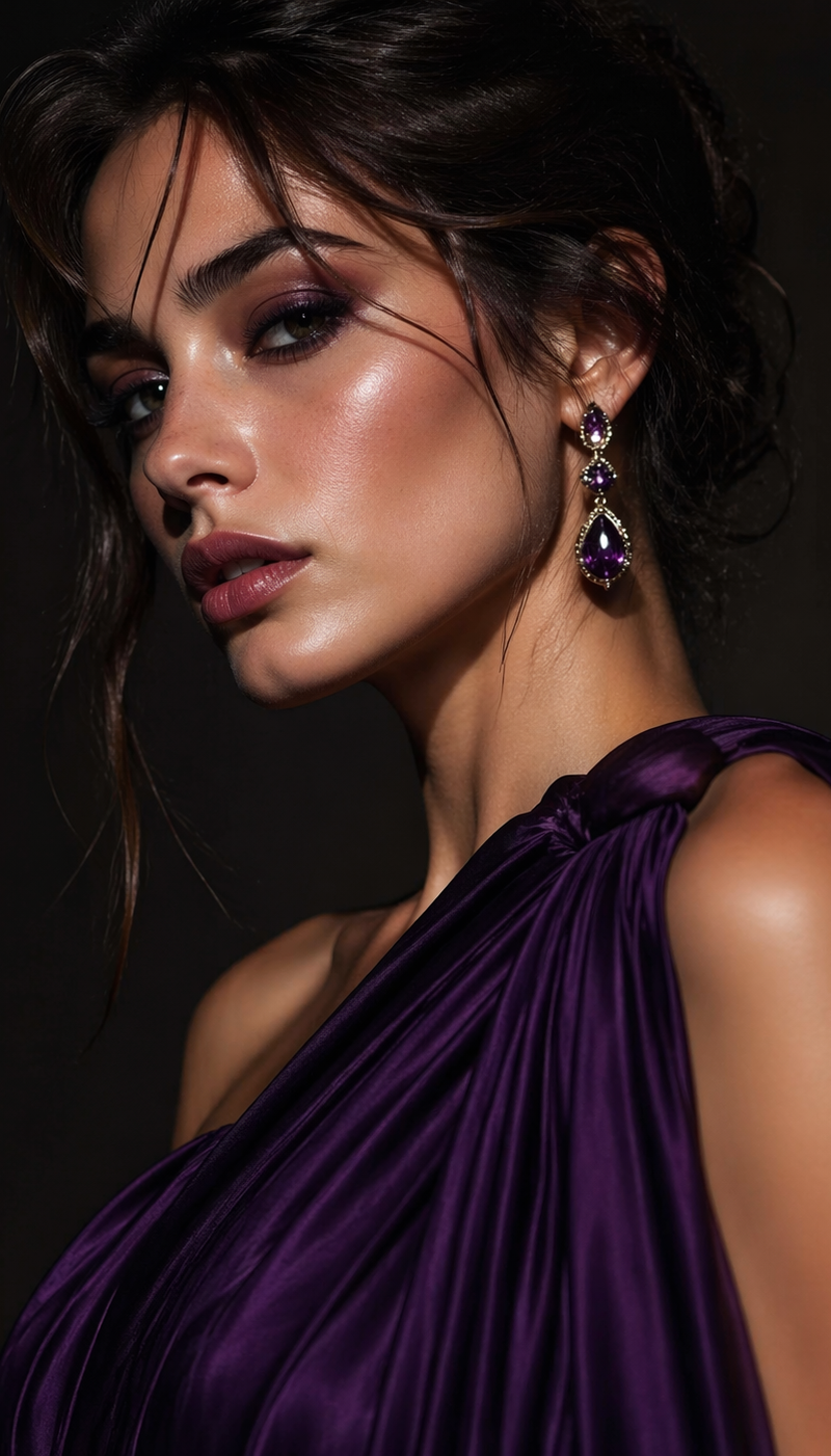 Close-up fashion portrait of a model in a deep purple, draped gown, featuring dr