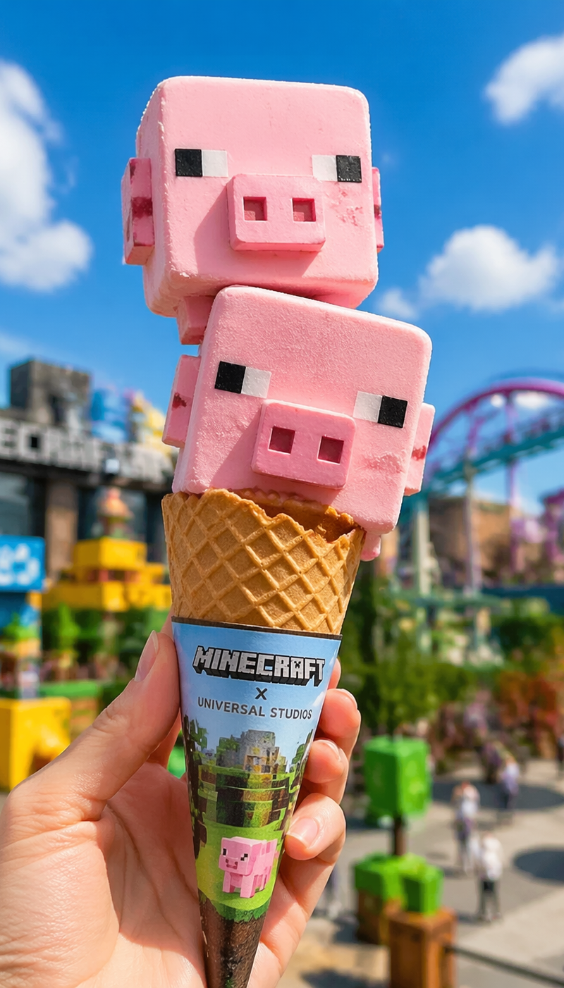 William and Piggy shaped ice cream, pink square ice cream with pixel eyes and pi