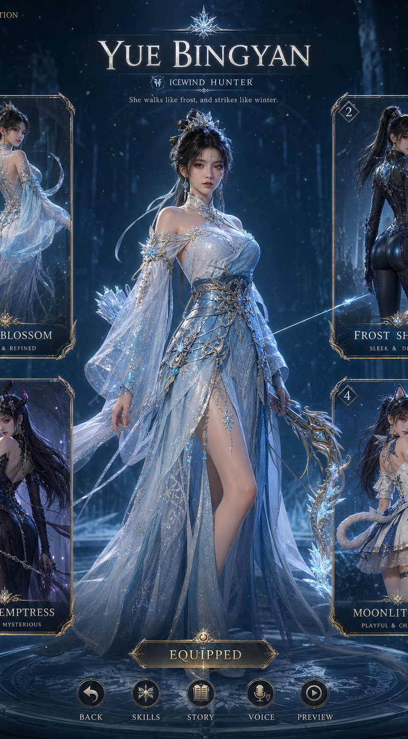 Create a AAA-quality Unreal Engine 5 outfit selection screen for 【ganyu from gen