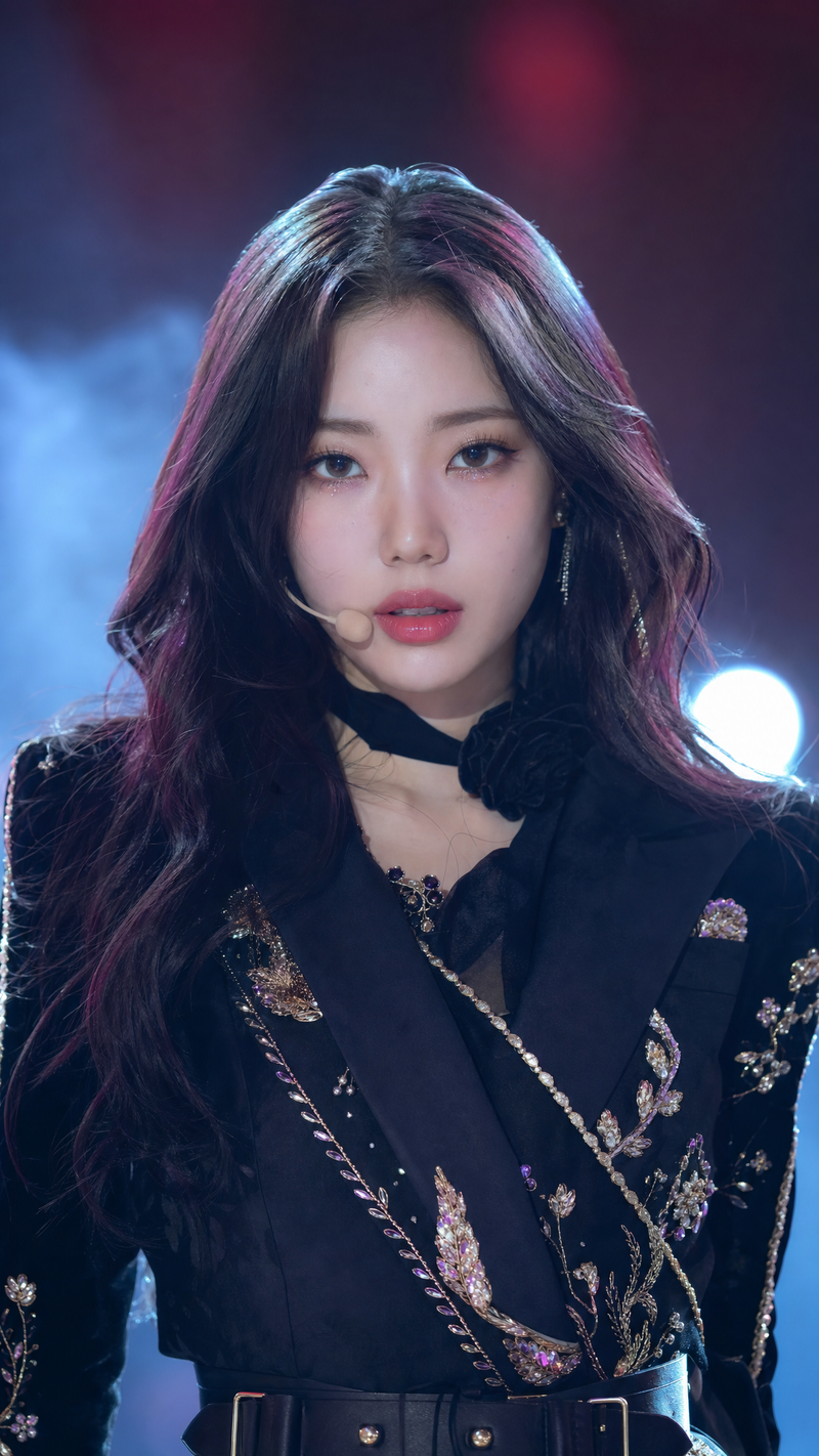 A captivating, head-on studio portrait of a beautiful K-pop idol showcases her n