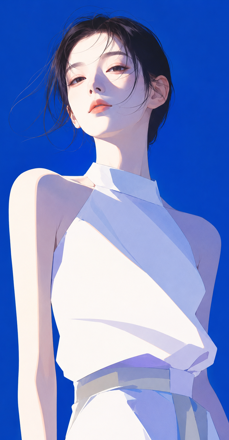 高端日系时装杂志封面感插画，主体为[韩国女孩]，极简现代时装数字插画风，精致赛璐璐上色，干净锐利的大色块塑形，几乎无线稿，边缘优雅清晰。画面保持蓝白骨架配色，同