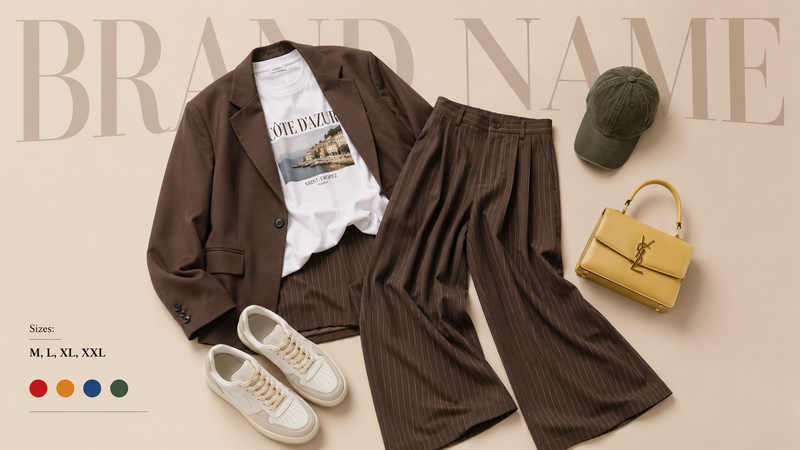 Create a premium fashion catalog flat lay on a clean soft beige studio backgroun