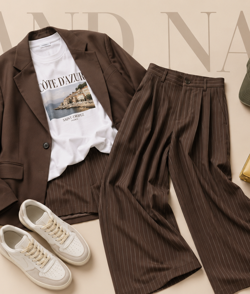 Create a premium fashion catalog flat lay on a clean soft beige studio backgroun