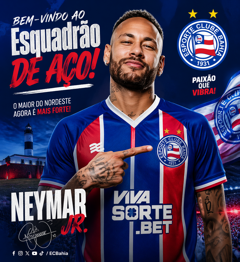 Generate a promotional image announcing EC Bahia's signing of Neymar Jr