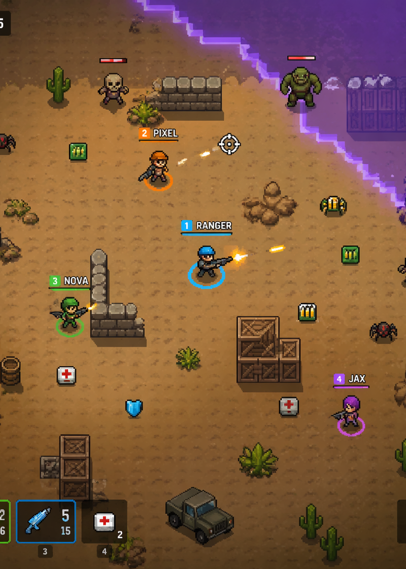 Intended use: gameplay mockup concept art for a simple top-down 2D pixel art mul