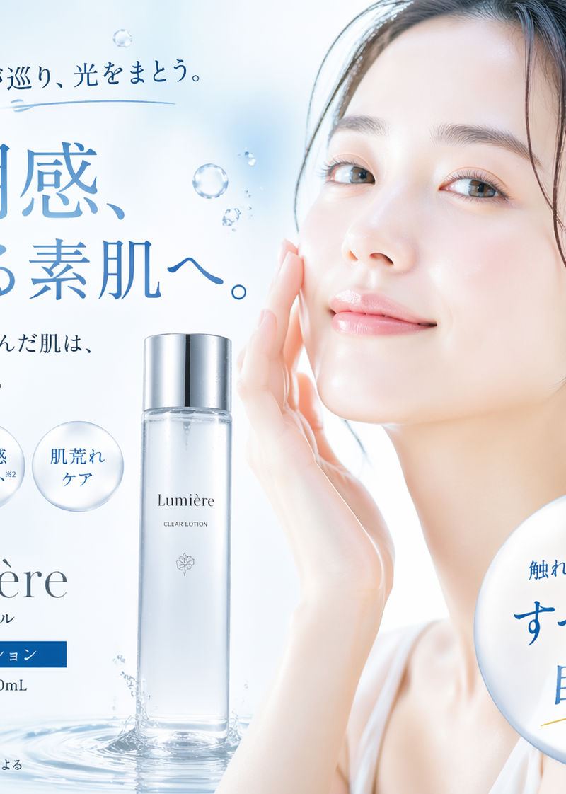 透明感ある化粧水のバナー広告を作ってください。みずみずしい印象。女性と化粧水が写っている。明るい印象。プロによるデザインとキャッチフレーズ。
