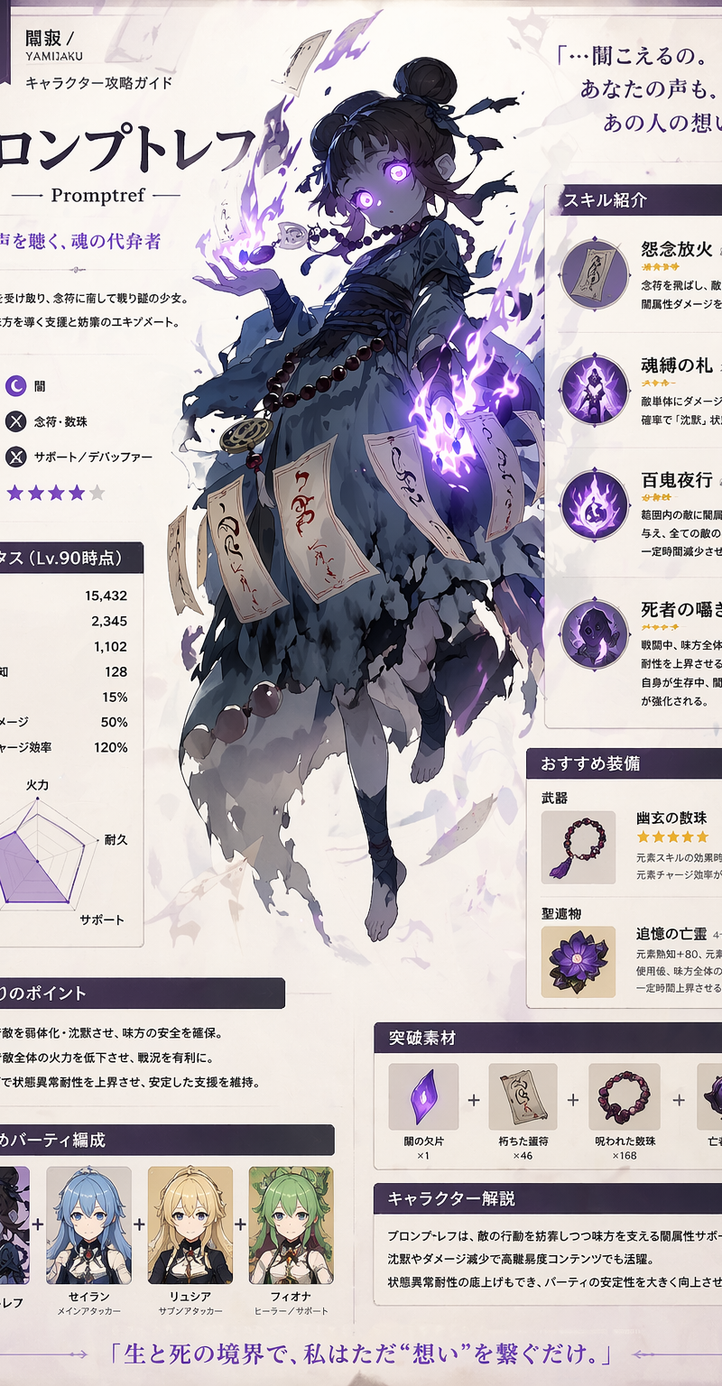 Generate a vertical page of a game strategy guide, with this character's full bo