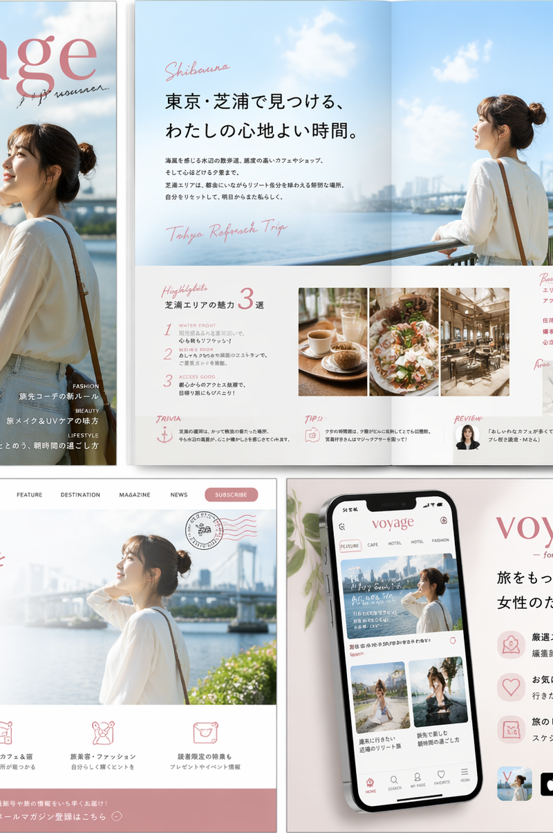 Please create a women's travel magazine (including the cover and a spread page)
