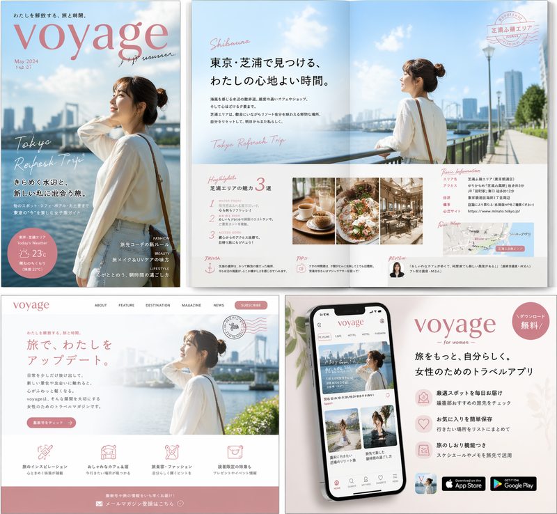 Please create a women's travel magazine (including the cover and a spread page)