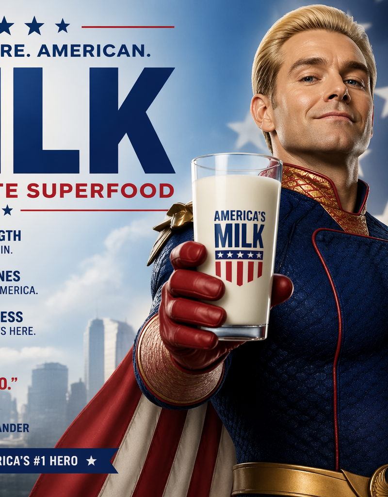 Generate a poster for Homelander endorsing milk, size 3:2